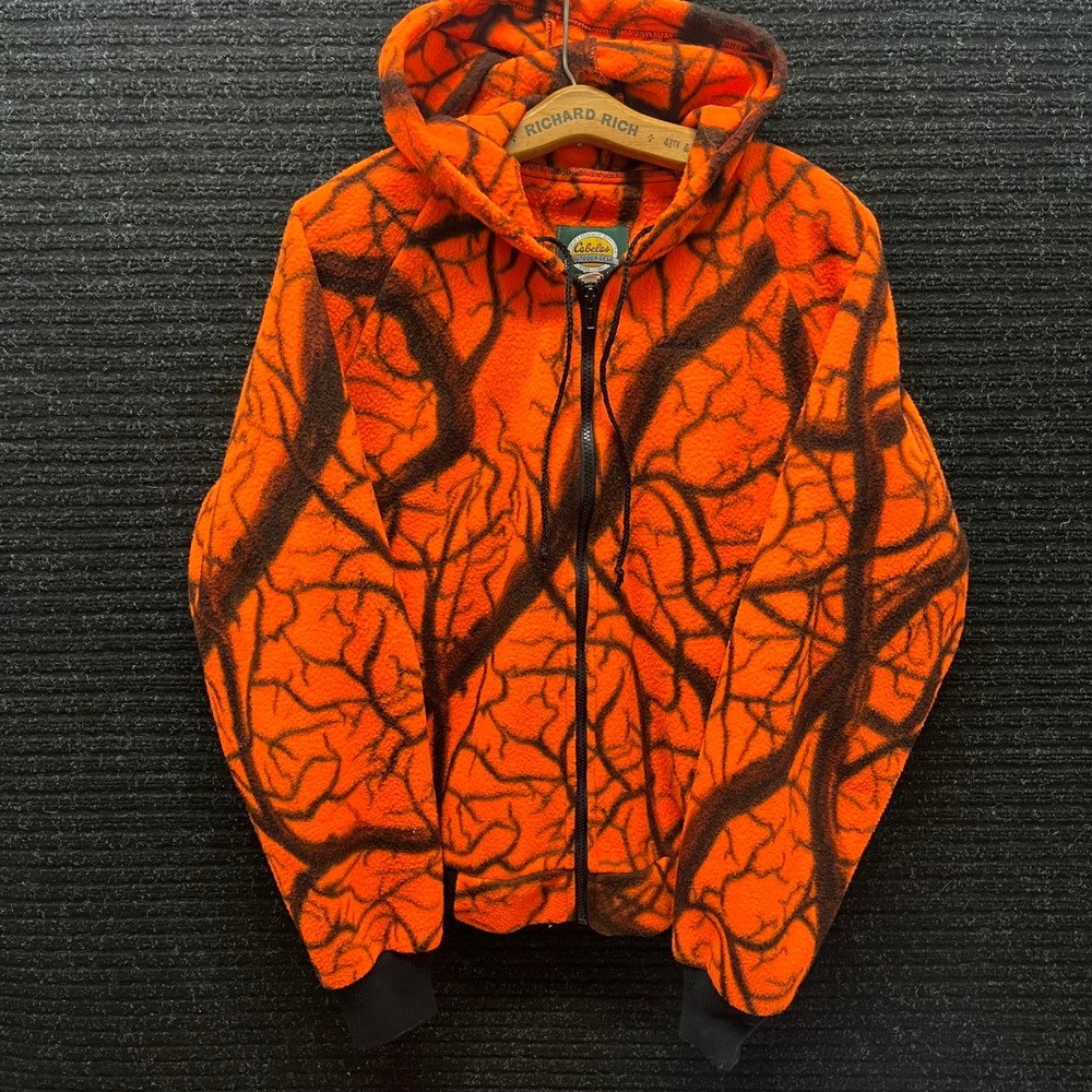 Cabelas Blaze Orange Camo Fleece Hoodie Mens Large Made in USA Full Zip Hunting